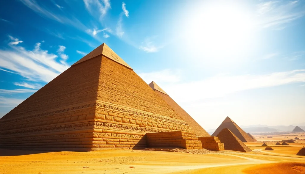 Witness the majestic piraminds gleaming under the sun against a clear blue sky.