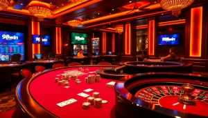 Win big at the 98win casino, showcasing a vibrant poker table and roulette wheel.