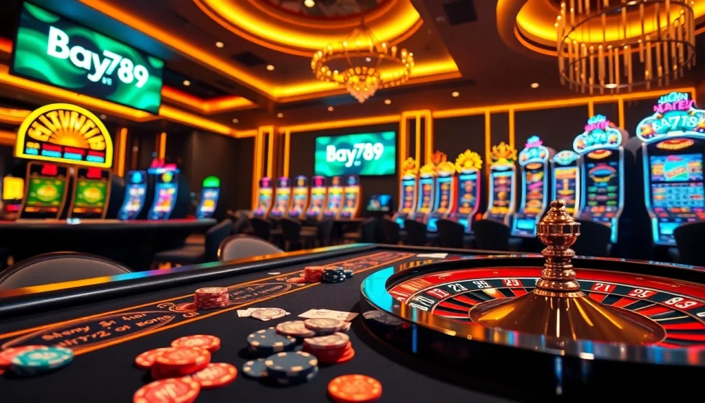 Experience thrilling gameplay at Bay789 with poker chips, roulette, and exciting casino visuals.