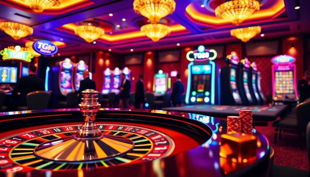 Experience exciting gameplay at tg88 with a vibrant casino scene featuring roulette and poker.