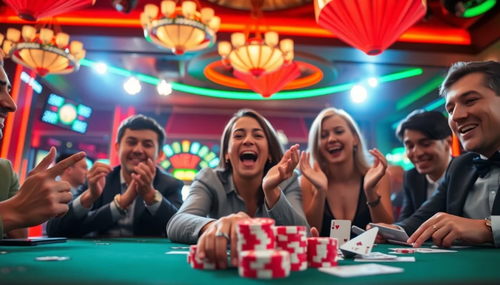 Players celebrating thunderous wins at a vibrant casino filled with excitement.