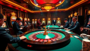 S8 casino scene showcasing an interactive roulette table with vibrant slot machines and engaged players.