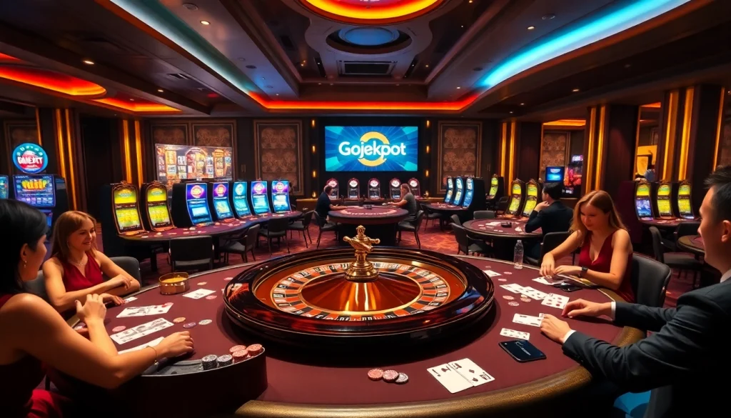 Experience the excitement of Gojekpot with players cheering at the roulette wheel in a luxury casino.