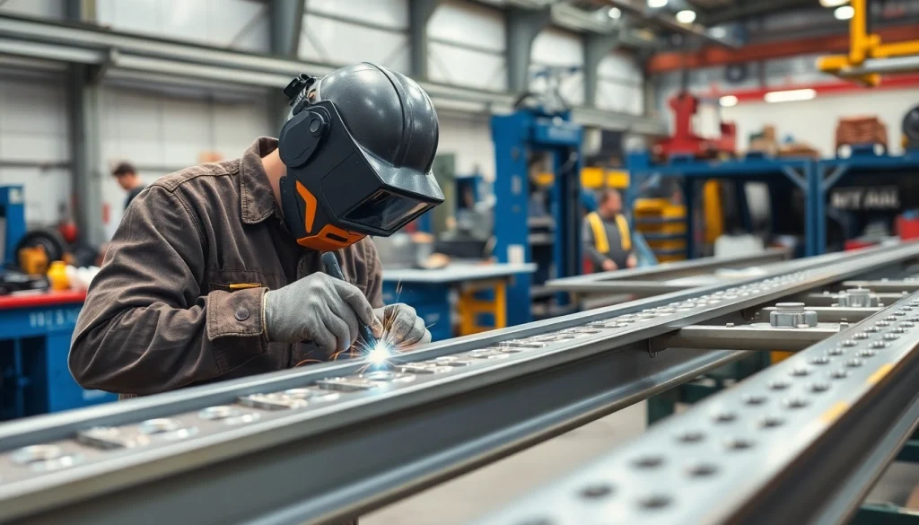 Crafting structural steel fabrication as a skilled worker welds metal beams in a workshop.