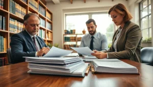 Agricultural law specialists reviewing key documents in a professional office.