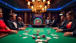 Active players at a U888 casino table, showcasing vibrant atmosphere and professional gaming.