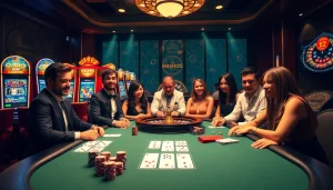 Engaged casino players enjoying the thrill of TK88 betting at a luxurious poker table.