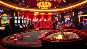 Experience the excitement of VJ88 with a vibrant casino scene featuring poker tables and slot machines.