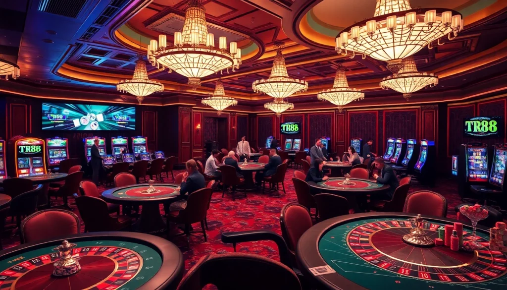 Exciting poker scene in a luxury casino with TR88 betting options highlighting high-stakes gameplay.