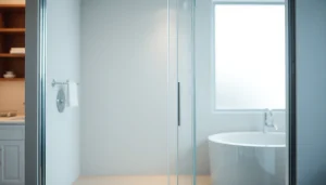 Showcase glass shower sliding doors in a modern bathroom with sleek design and natural lighting.
