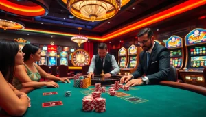 An exciting scene of players at Nohu90's casino table, engaging in a poker game with colorful chips and neon lights.