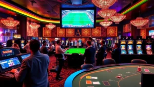 Gamblers enjoying an exciting football betting experience at https://vaoluoitv.it.com sporting event in a lively casino.