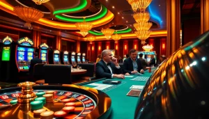SODO Casino players excitedly engaging at high-stakes tables with vibrant lights