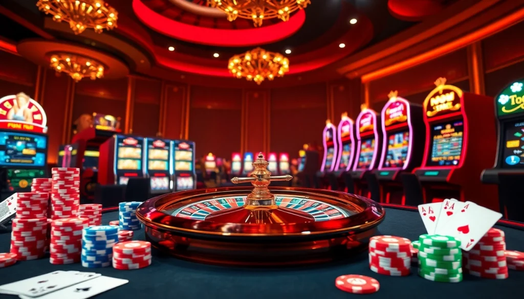A top-tier gambling scene at https://fun88.foundation/ featuring a vibrant roulette wheel, slot machines, and colorful poker chips.