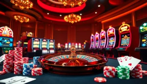 A top-tier gambling scene at https://fun88.foundation/ featuring a vibrant roulette wheel, slot machines, and colorful poker chips.