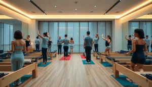 台東区のピラティスクラスの活気ある風景。静けさとフィットネスを表現し、最新設備を備えた様子。