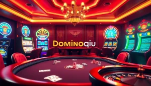 Experience the thrill of Dominoqiu with players at an exciting poker table surrounded by vibrant slot machines.