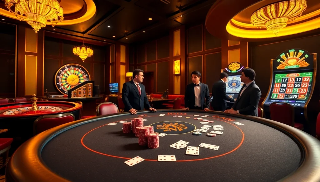 Engaging scene at a reputable gambling platform (nhà cái uy tín) featuring a vibrant poker table and thrilling casino elements.