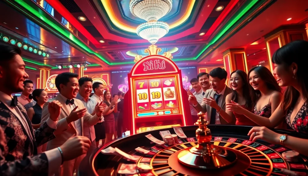Players enjoying the nổ hũ slot machine experience in a luxurious casino environment.