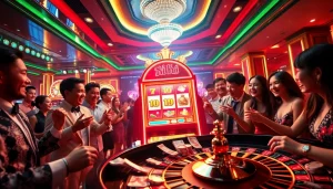 Players enjoying the nổ hũ slot machine experience in a luxurious casino environment.