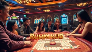 Engaging scene of players enjoying רמיקוב אונליין at a stylish virtual casino platform, exuding excitement.