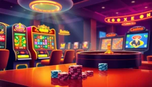 Experience Đăng nhập bomwin with vibrant online casino elements showcasing slot machines and poker chips.