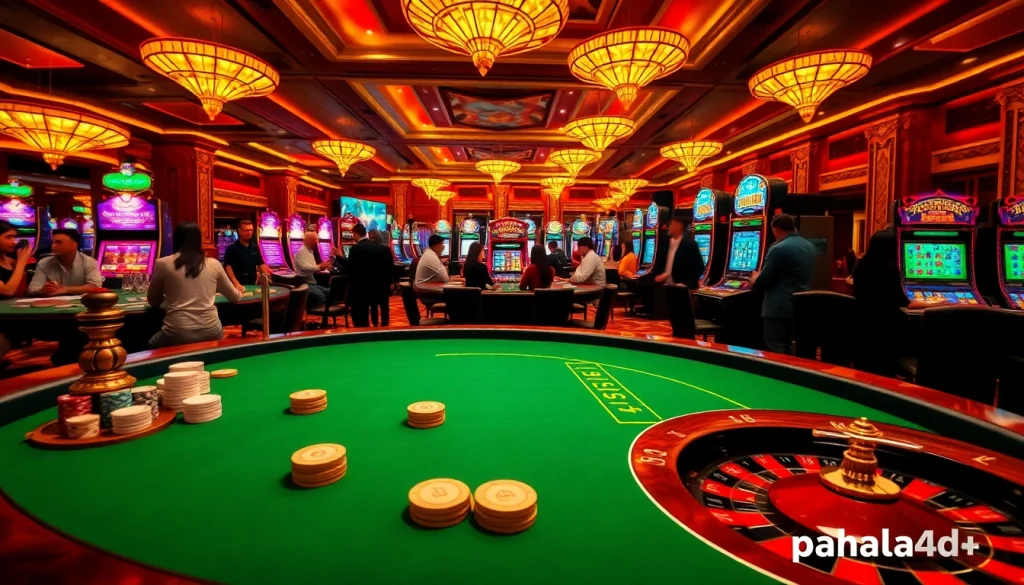 Pahala4d players enjoying a luxurious casino environment filled with poker tables and slot machines.