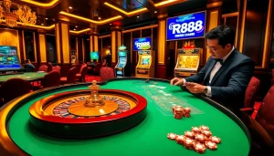 Gambling excitement at RR88 casino with a roulette table and players engaging in card games.