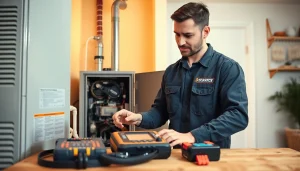 Expert technician conducting furnace repair somers ny in a well-lit home environment with tools.