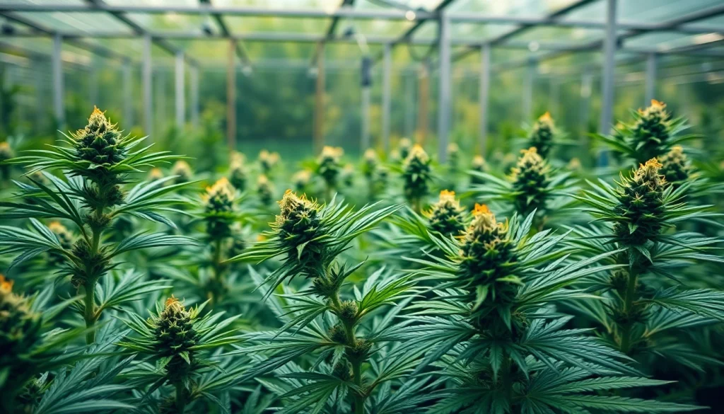 Cannabis plants thriving in a greenhouse with detailed close-ups of delicate trichomes.