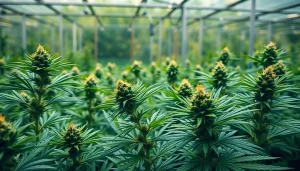 Cannabis plants thriving in a greenhouse with detailed close-ups of delicate trichomes.