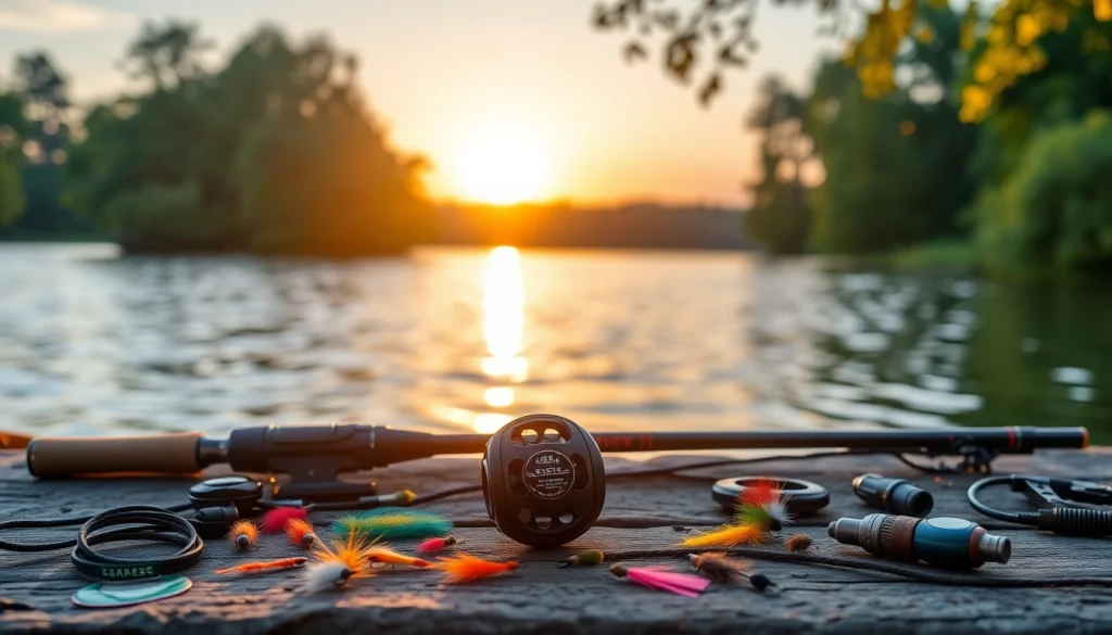 Showcase a Fly fishing kit on a scenic lakeside, emphasizing its outdoor appeal.