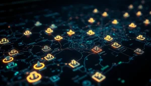 Illuminated digital map of the Hidden Wiki showcasing .onion links and dark web elements.