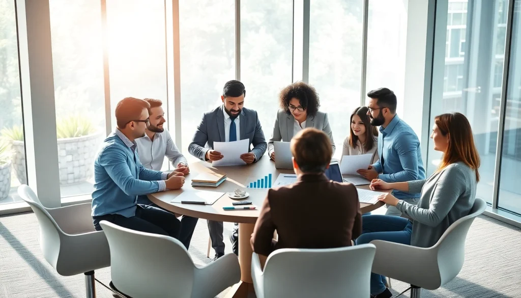 Engaged team analyzing business growth insights in a bright office environment.