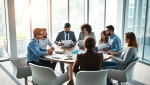 Engaged team analyzing business growth insights in a bright office environment.