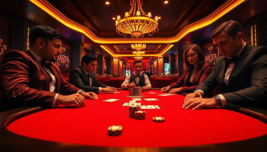 Experience the excitement of mmoo poker with luxurious tables and engaged players in a vibrant casino scene.