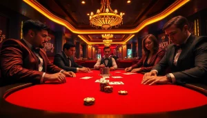 Experience the excitement of mmoo poker with luxurious tables and engaged players in a vibrant casino scene.