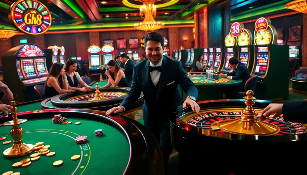 Experience the excitement of gg88 casino with players enjoying vibrant games at luxury tables.