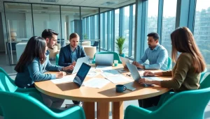 Team discussing Digital Loan Origination Software in a bright office setting, promoting collaboration.