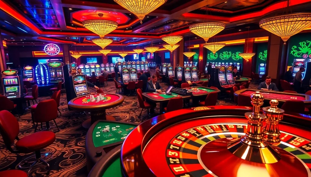 Experience the excitement of okfun casino with players enjoying vibrant slot machines and poker tables.
