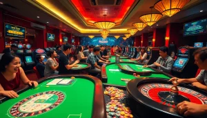 Experience thrilling แทงบอล action at a bustling casino with vibrant betting tables and excited players.