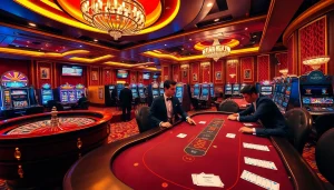Haywin casino players engaging at a blackjack table amidst vibrant lights and excitement.