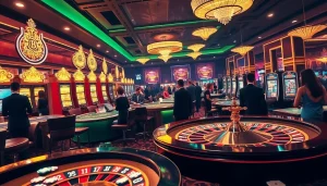 Luck8 casino experience with vibrant slot machines and elegant players in action.