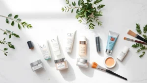 Explore various best cc cream for oily skin products arranged in an elegant flat lay.