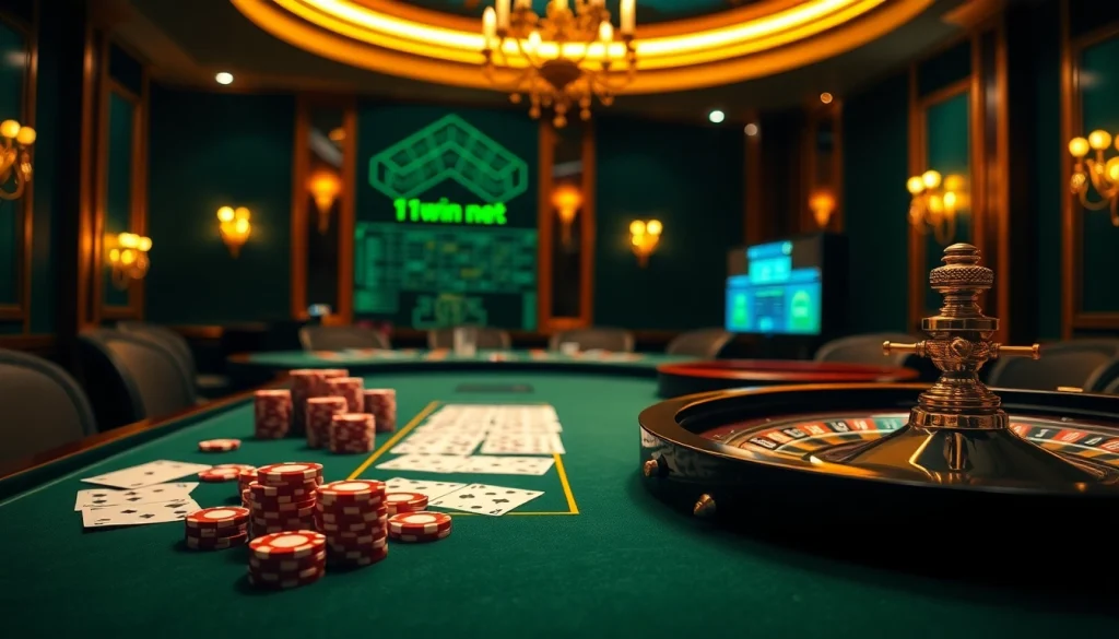 Experience thrilling gameplay at 11win net with vibrant casino elements featuring poker chips and a roulette wheel.