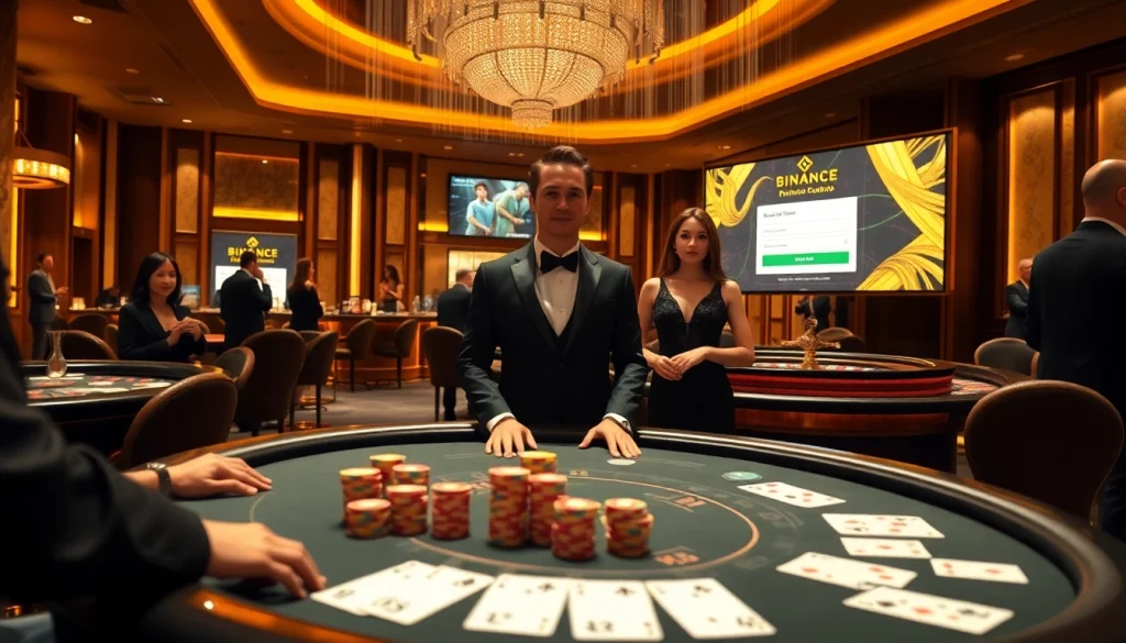 Engage in 바이낸스 회원가입 while playing poker with colorful chips at a luxurious casino table.