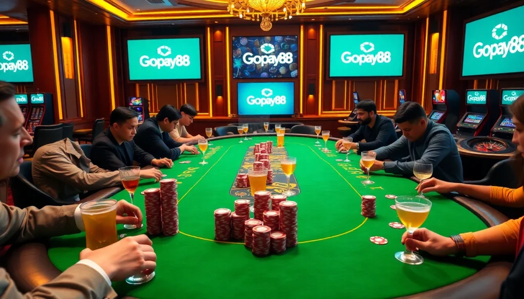 Gamblers strategizing at a luxurious Gopay88 casino table, surrounded by poker chips and drinks.