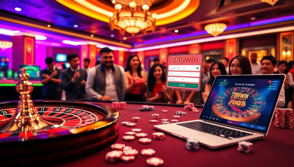Engaging scene of players experiencing 789win đăng nhập in a vibrant casino environment, featuring a roulette wheel and poker chips.