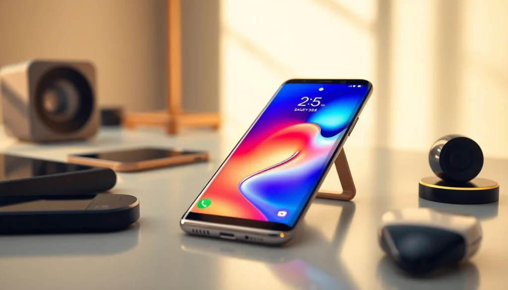 Samsung Galaxy S8 showcasing its vibrant display and sleek design in a modern office setting.