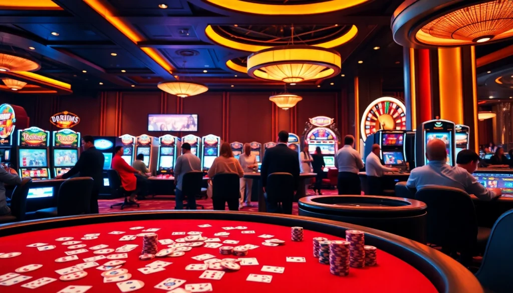 Experience the thrill of 68 Game Bài at a luxurious casino, showcasing vibrant poker tables and exciting games.